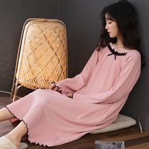 Pure Cotton Sleeping Dress Woman Spring Autumn Style Long Sleeve Pure Color Sweetness Princess Long With Kneecap Lotus Leaf Side Home Leisure Pyjamas Dress