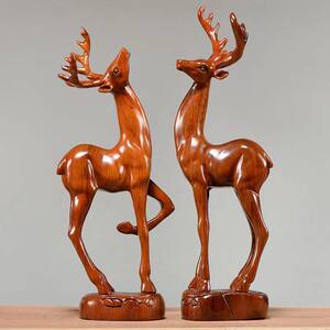 A Pair of Deer Figurines, Two Pieces, Made of Rosewood, Carved Elk Ornaments, Home Entrance Decoration, Redwood Crafts