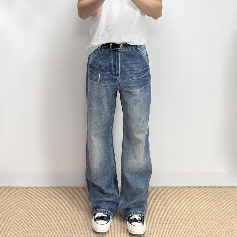 Black Stone River Spring Vintage Lightning Cracked Washed Blue Straight-Leg Slightly Flared Loose Lyocell Men's Jeans Black Stone River Spring Vintage Lightning Cracked Washed Blue Straight-Leg Slightly Flared Loose Lyocell Men's Jeans