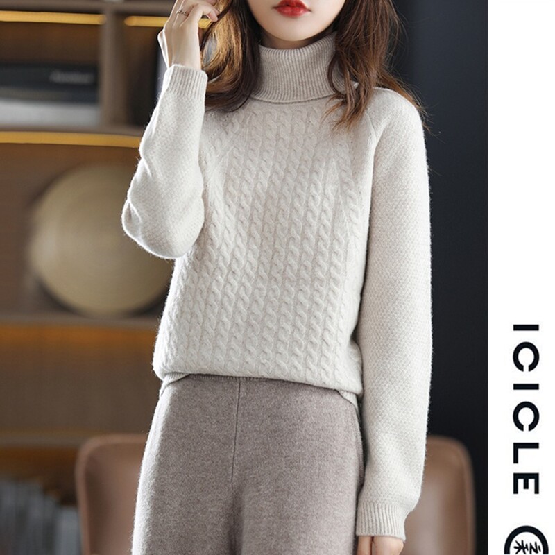 ICICLE Zhihe turtleneck cable wool sweater women's 2022 spring new knitted thickened soft waxy bottoming cashmere sweater