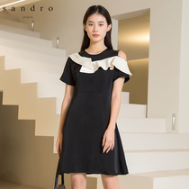 sandro method Lotus Leaf Side Dress Woman 2022 Summer New Collision Color High Waist Satin Pure Fashion Middle Dress