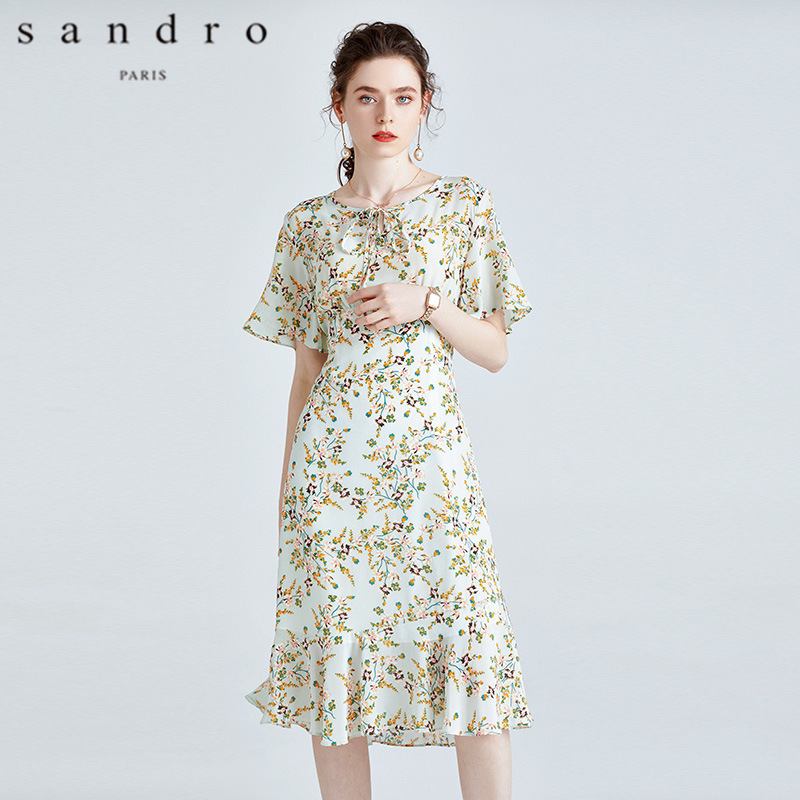 Sandro silk short-sleeved dress women's 2022 summer new mulberry silk print age-reducing waist and slim mid-length skirt