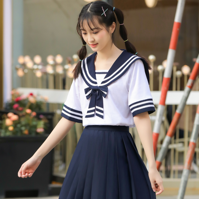 Female Great Boy Summer Clothing Short Sleeve T-shirt 13 Year Old Loose Pure Cotton Girl T-shirt Girl Jk College Wind Navy Collar Blouse