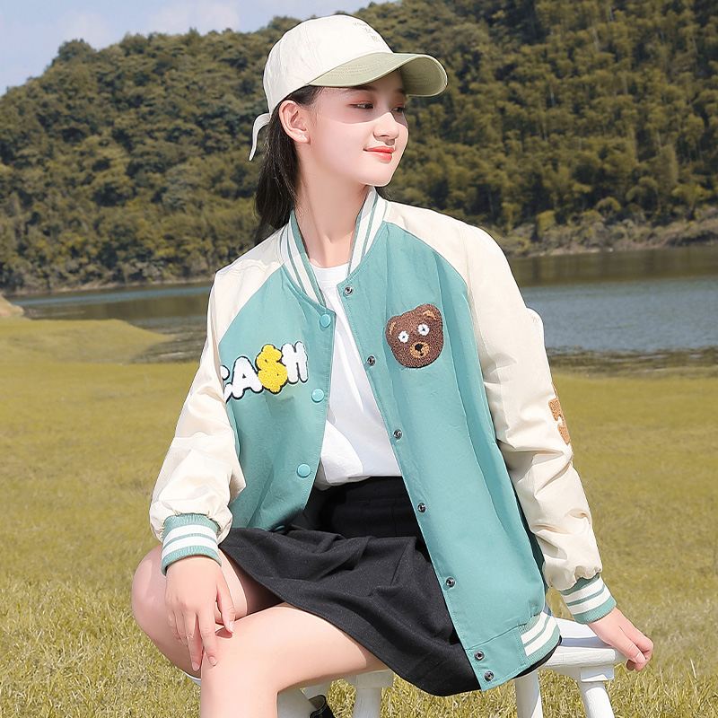 Girl Baseball Uniform Spring Autumn 2022 New Foreign Korea Edition Loose Girl Jacket Blouse Blouse Blouse Girl Spring Dress Jacket