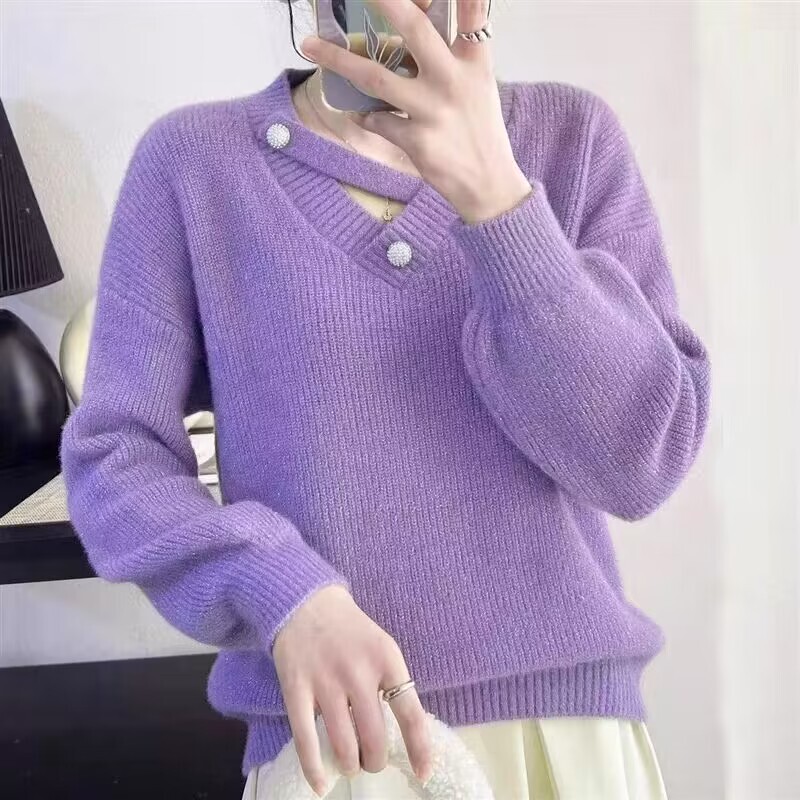 Fashionable Crystal Velvet Sweater for Women 2026 Autumn and Winter New Style Knitted Base Shirt Thickeneded and Stylish V-Neck Lazy Style Top Fashionable Crystal Velvet Sweater for Women 2026 Autumn and Winter New Style Knitted Base Shirt Thickeneded and Stylish V-Neck Lazy Style Top