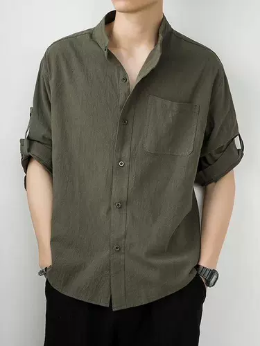 Комфортная тонкая весенняя летняя однотонная мужская рубашка для отдыха, китайский стиль, из хлопка и льна