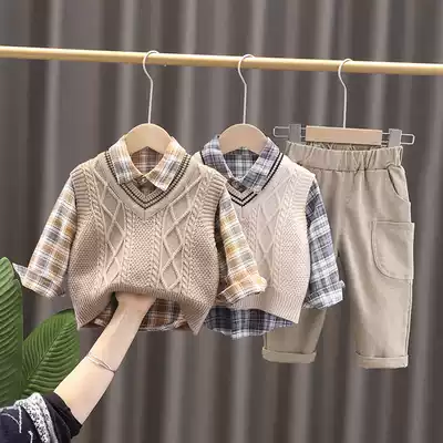 Korean children's suit boys 2021 new spring and autumn foreign style fashionable baby clothes baby three-piece plaid