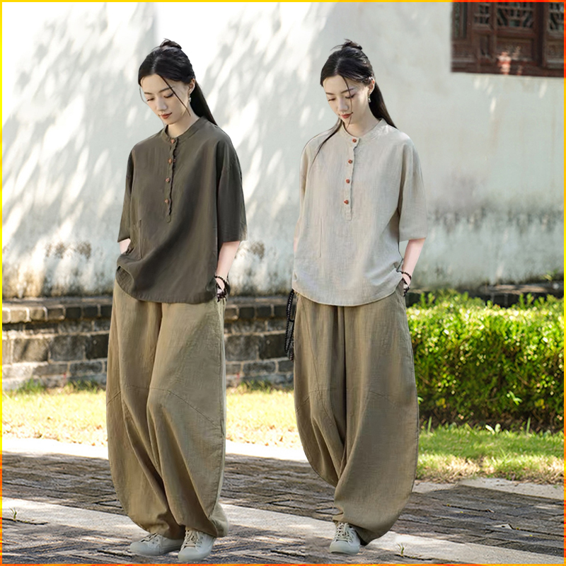 若者の太極拳服、女性の朝の運動、中国風の運動服、夏の綿と麻の半袖トップス、武術のパフォーマンス服、瞑想服