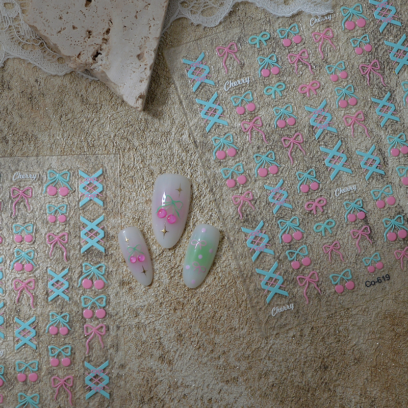 Jelly Cream Style Cherry Nail Stickers Korean Style Gentle and Simple Cherry Bow Sweet Girly Nail Stickers