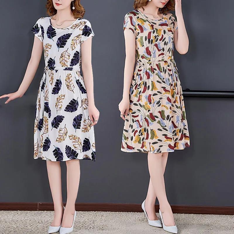 Cotton Silk Dress for Women 2026 Summer Age-Reducing Loose Lace-Up Waist Slimming Fashion Printed Short-Sleeved A-Line Skirt Cotton Silk Dress for Women 2026 Summer Age-Reducing Loose Lace-Up Waist Slimming Fashion Printed Short-Sleeved A-Line Skirt
