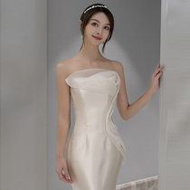 Fishtail light wedding dress 2021 new bride white bandeau simple small man dress female retro go out welcome yarn