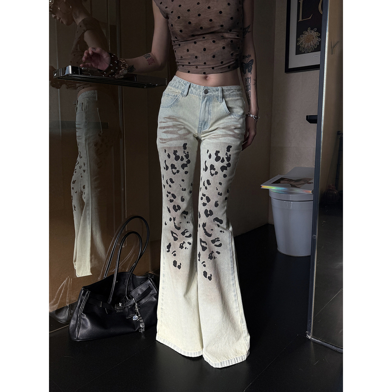 Tylmw Jingzi American-Style Spicy Girl Leopard Print Denim Women's Summer Pants with a Slimming Design, Flared Pants, Slim-Fit Trousers