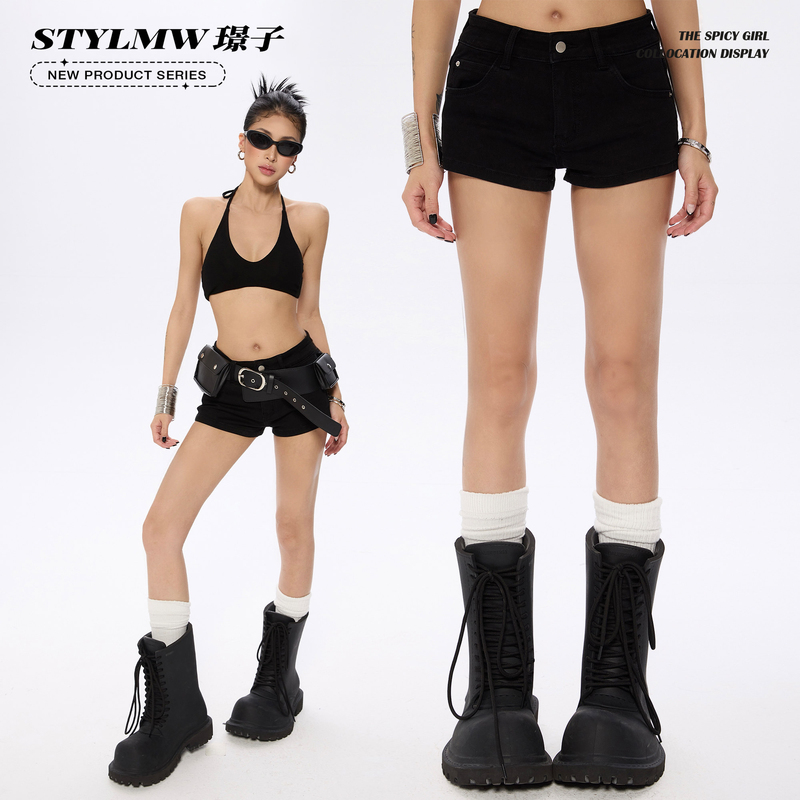 Stylmw Jingzi Black Low-Waist Slim Denim Shorts for Women, New Summer Style, Hot Girl American Retro Casual Pants