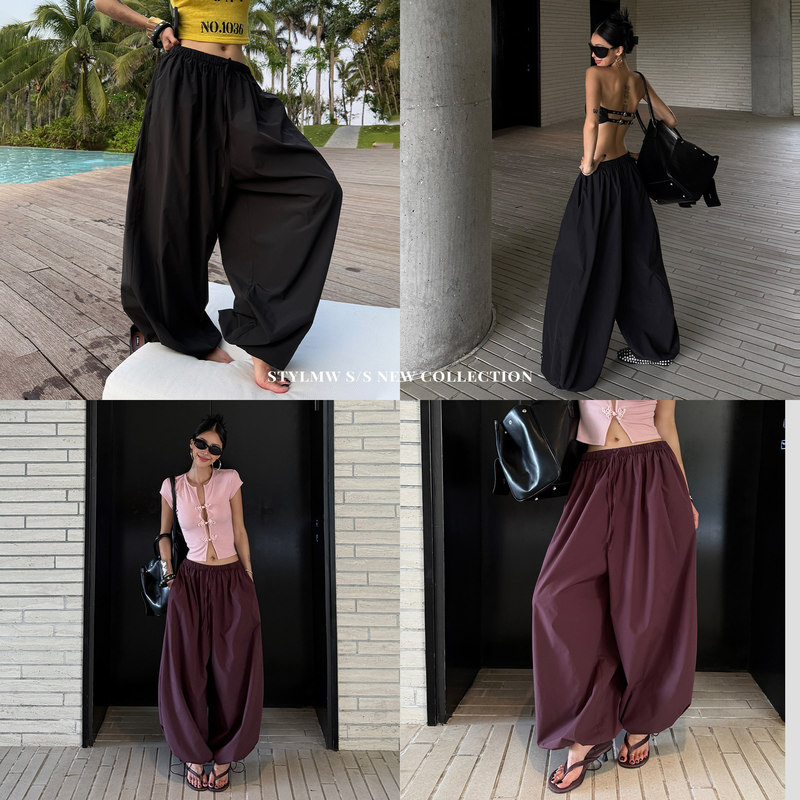 Stylmw Jingzi Solid Color Loose Drawstring Lantern Ice-Feel Wide-Leg Casual Pants Airy Loose Slimming Long Pants Stylmw Jingzi Solid Color Loose Drawstring Lantern Ice-Feel Wide-Leg Casual Pants Airy Loose Slimming Long Pants