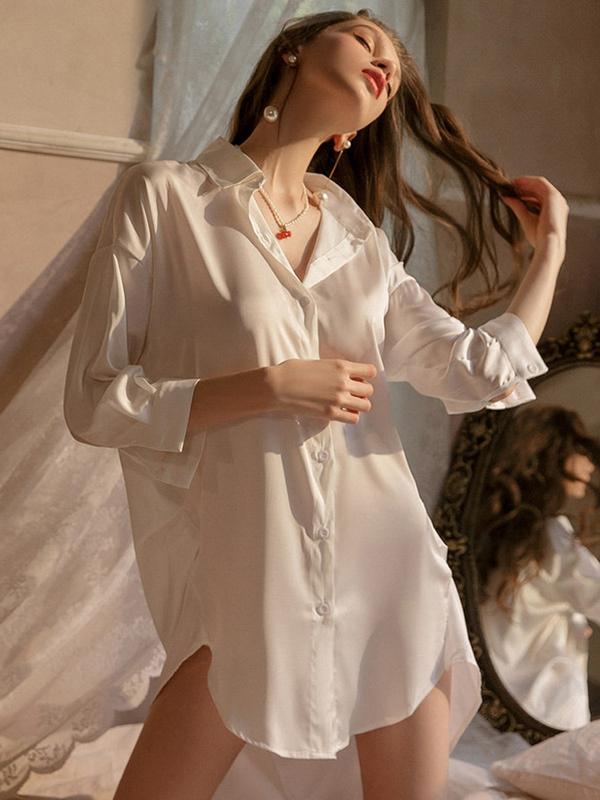 French-Style White Shirt for Women, Mid-Length, Boyfriend Style, Loose-Fitting Shirt, Ice Silk Sexy Nightgown, Lazy Style Top for Outer Wear
