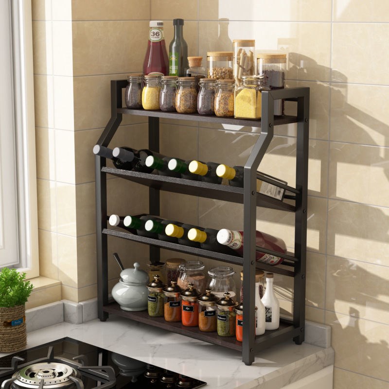 Kitchen Racks seasonings Seasonings Deck table surface Black obliquely placed multilayer shelve Multi-functional provincial space