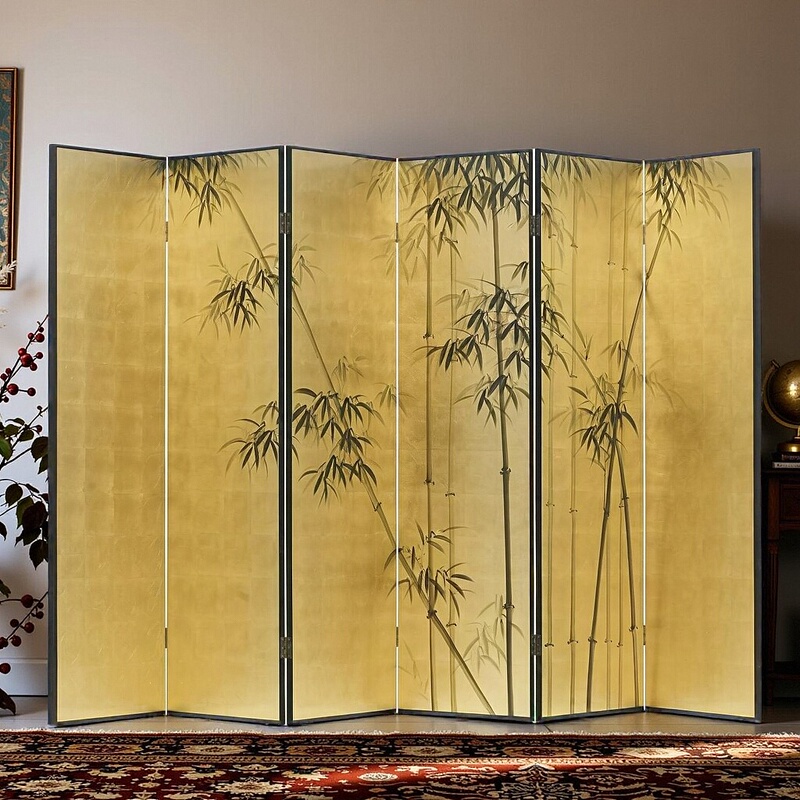 New Chinoiserie Gold Foil Bamboo Screen Partition Foldableing Mobile Painted Painting Living Room Japanese Mural Background Wall Foldableing Screen