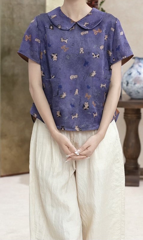 Demy Ch|Cat and Fish|100% Mulberry Silk Red Cloud Gauze Light Chinese Style Doll Collar A-Line Short Sleeve Top Demy Ch|Cat and Fish|100% Mulberry Silk Red Cloud Gauze Light Chinese Style Doll Collar A-Line Short Sleeve Top