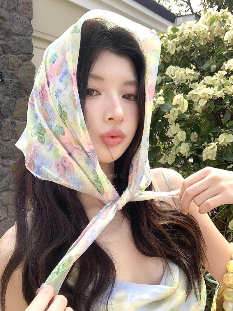 Colorful Dopamine Butterfly Flower Square Scarf for Women 2025 New Spring and Summer Pastoral Style Headscarf Photo Atmosphere Silk Scarf