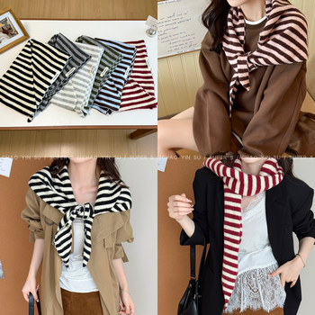 Artistic Style ~ Fashionable Striped Knitted Triangle Scarf for Women, Autumn and Winter Retro Versatile Shawl Neck Scarf Accessory