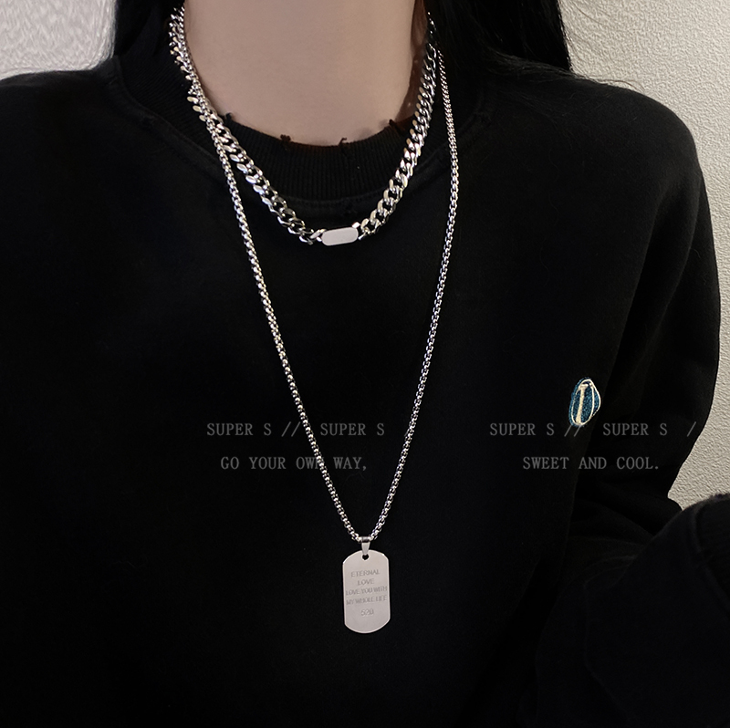 Black Blindfold Titanium Steel Pendant Necklace Long Dog Tag Military Tag Sweater Chain Men's Metal Unisex Sweatshirt Accessory for Boys