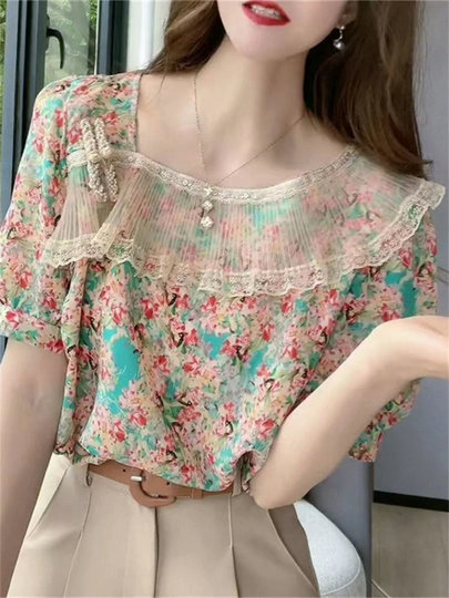 European-Style Lace Floral Chiffon Blouse for Women, Summer Design, Elegant and Unique, Ruffled Round Neck Short-Sleeved Top