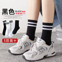 Socks womens middle tube socks Korean version Japanese black striped stockings breathable sweat-absorbing sports cotton socks ins tide wild
