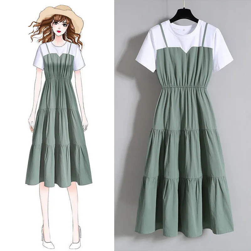 Women's Clothing 2026 Plus Size Fashionable Long Age-Reducing Summer Stylish Fake Two-Piece Dress for Chubby Girls, Waist-Cinching Slimming Dress for Women Women's Clothing 2026 Plus Size Fashionable Long Age-Reducing Summer Stylish Fake Two-Piece Dress for Chubby Girls, Waist-Cinching Slimming Dress for Women