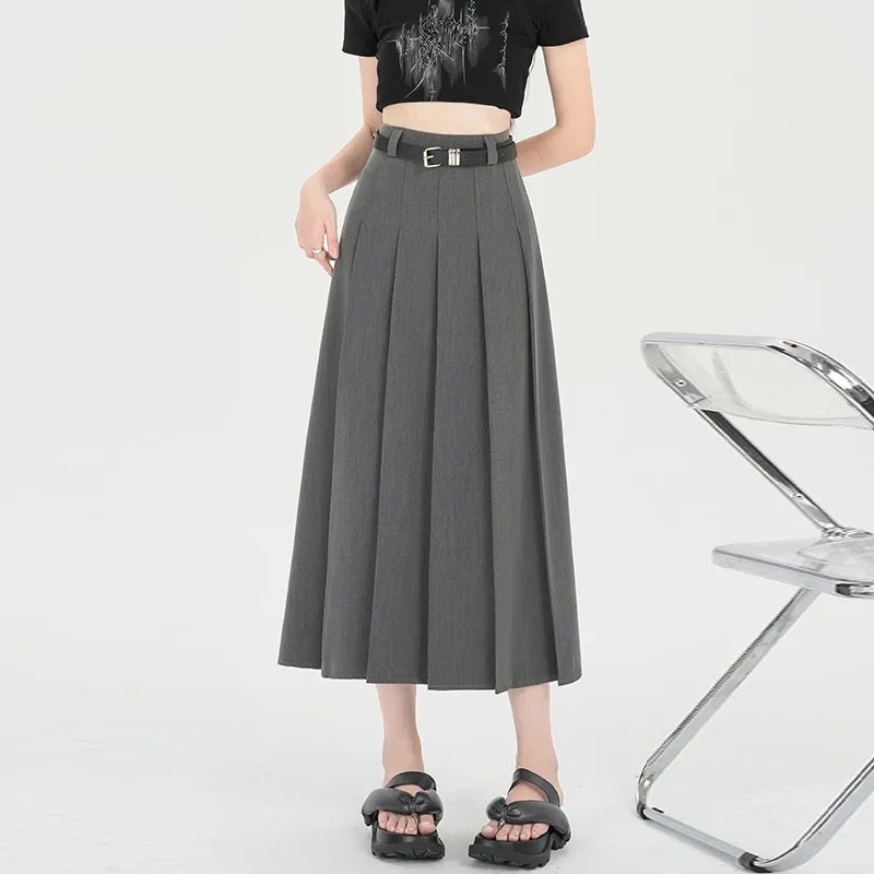Gray Suit Pleated Midi Skirt for Women, Spring and Summer Design, A-Line Mid-Length Skirt for Petite Figures, Hip-Covering and Slimming Long Skirt