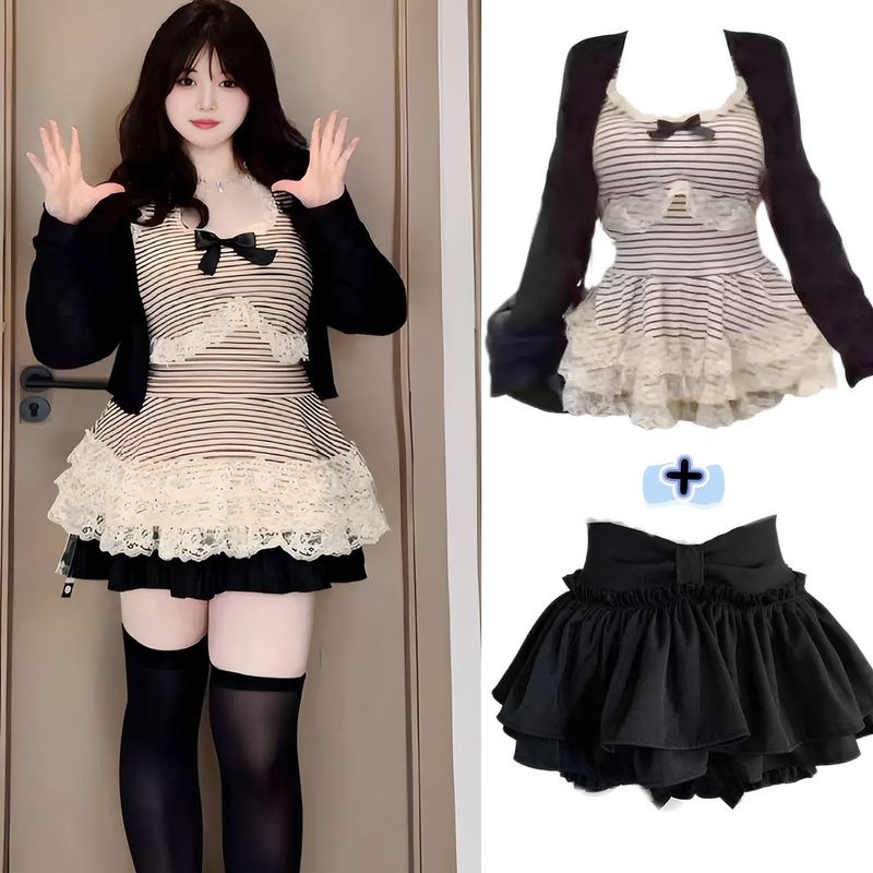 Three-Piece Set for Women, Pure and Alluring Style, Slimming Lace Striped Halter Neck Tie-Up Top + Cardigan + Skirt Set, New for Summer Three-Piece Set for Women, Pure and Alluring Style, Slimming Lace Striped Halter Neck Tie-Up Top + Cardigan + Skirt Set, New for Summer