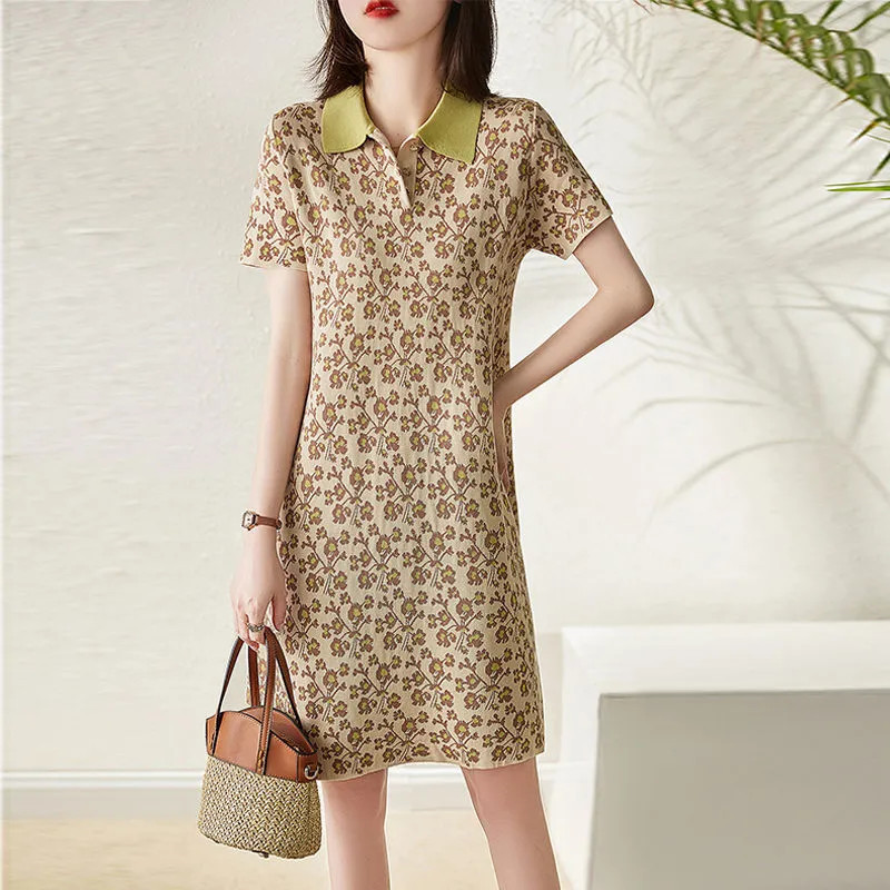 Mid-Length Polo Dress for Women, Loose Large Size, Lapel Short-Sleeved Long Skirt, Casual Sports A-Line Skirt, College T-Shirt Skirt