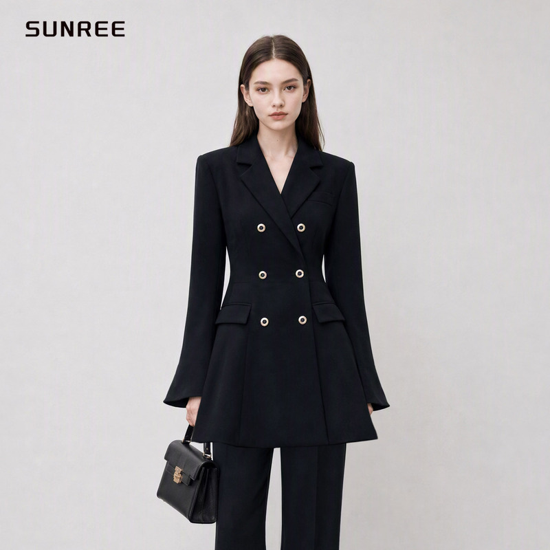 Park Choo-Ah's Same Style Double-Breasted Black Blazer for Women, Autumn and Winter, Waist-Cinching Design, Elegant Mid-Length Suit Jacket Park Choo-Ah's Same Style Double-Breasted Black Blazer for Women, Autumn and Winter, Waist-Cinching Design, Elegant Mid-Length Suit Jacket