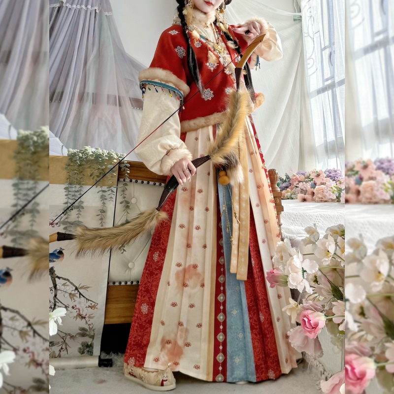 Fanghuating Original [Jinse Huashi] Hanfu Women's Winter Thickened Exotic Style New Year Outfit Tang-Style Daily Set