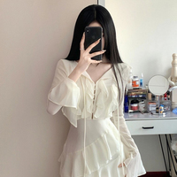 French pure desire long-sleeved chiffon dress for women with waist-cinching temperament and irregular ruffle skirt for spring