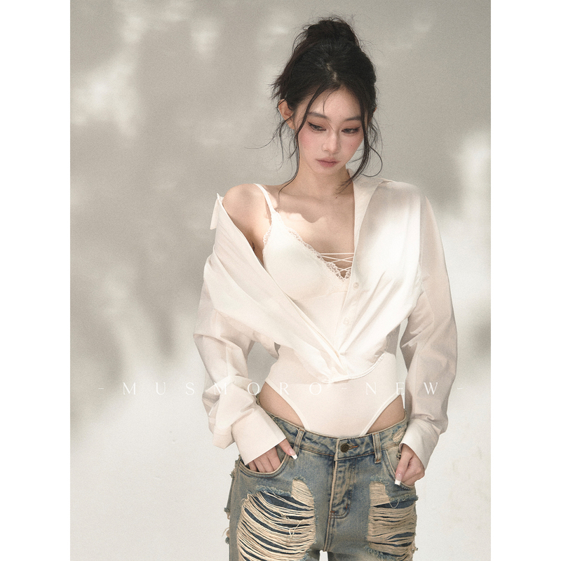 Musmoro Padded Fake Two-Piece Lace Cross-Tie Long-Sleeve Shirt Bodysuit for Women, Waist-Cinching Hot Girl Top Musmoro Padded Fake Two-Piece Lace Cross-Tie Long-Sleeve Shirt Bodysuit for Women, Waist-Cinching Hot Girl Top