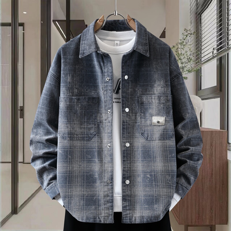 Denim Jacket Spring and Autumn Boys' Youth Casual Lapel 2026 New Loose Trendy Plaid Jacket Men's Clothing