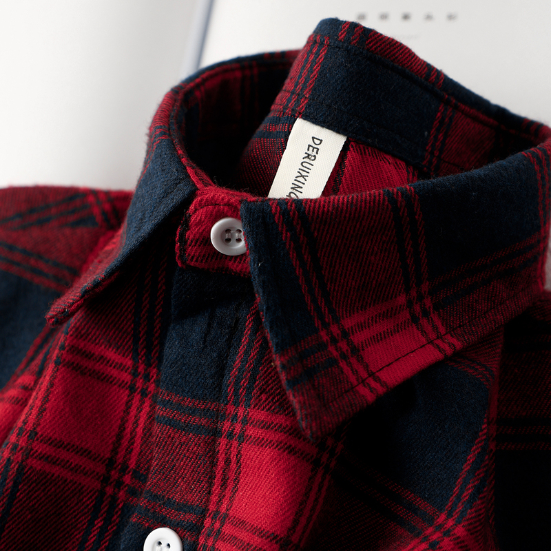 American Street Style! Color-Blocked Red and Black Plaid Brushed Flannel Shirt with a Turn-Down Collar, Long Sleeves, Layered Jacket for Men and Women, Spring