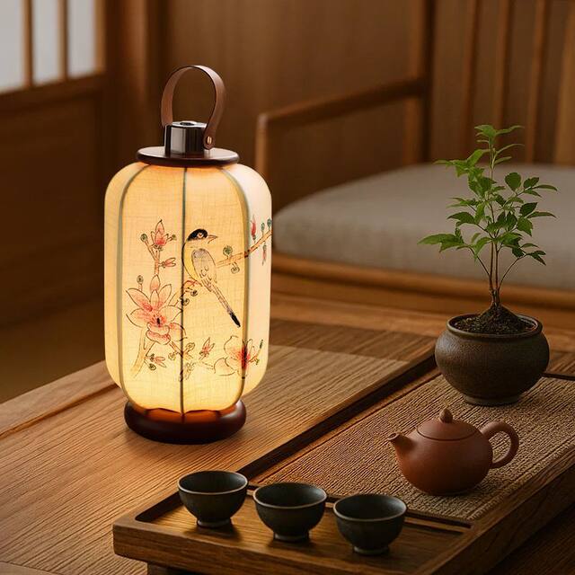 Song Dynasty Aesthetic Portable Table Lamp with Zen Spirit, Rechargeable, Hand-Painted Flowers and Birds, Bamboo Atmosphere, Suitable for Tea Room, Bedroom, Study, Bedside Table Lamp