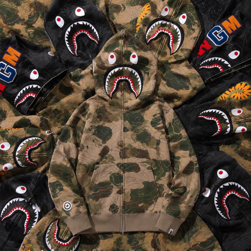Authentic Bape Jacket Shark Hoodie Unisex Camouflage Zip-Up Top Ape Hoodie Embroidered Trendy Brand