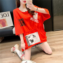 Tide card 2022 new Korean version loose print 50% sleeve T-shirt female design sensation small crowdcotton blouses female summer