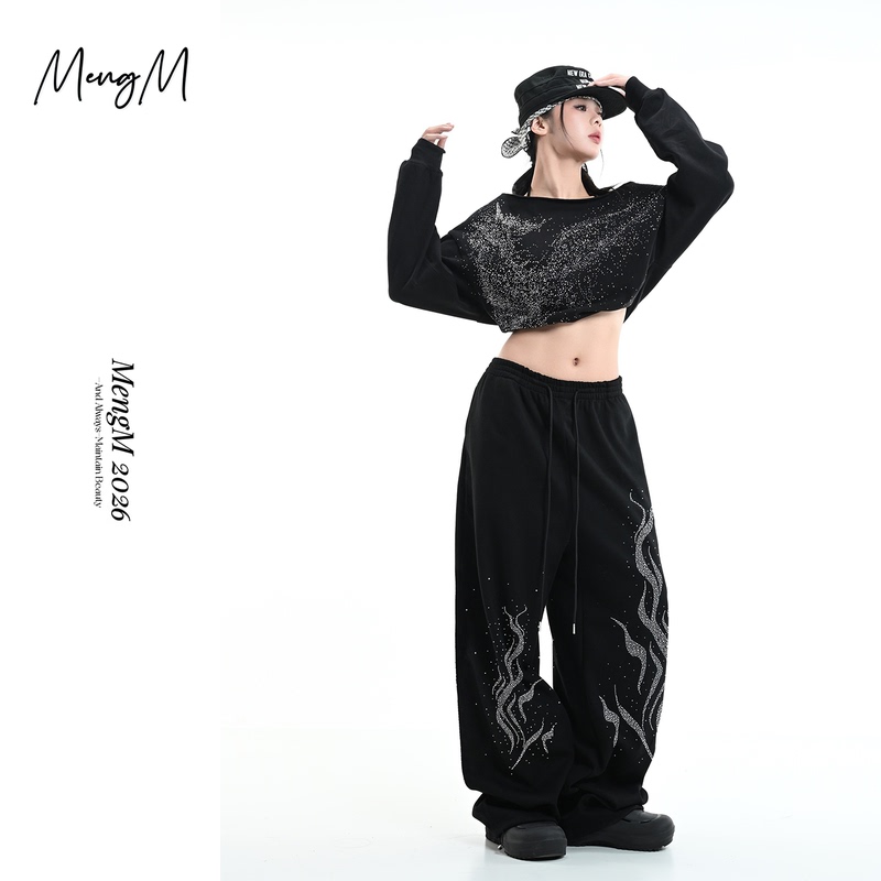 Mengm Modern Jazz Dance Heavy-Duty Galaxy Rhinestone Top Casual Pants Relaxed Jazz Street Dance Outfit