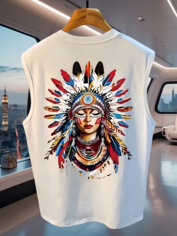Summer Trendy Ethnic Style Indian Queen Print Sleeveless T-Shirt for Men, Heavyweight Pure Cotton Tank Top for Men