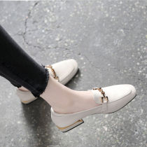 2021 spring summer new single shoe coarse heel woman superior 100 hitch head soft leather lefu shoes light mouth Inron small leather shoes