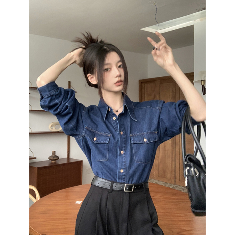 ポロカラーレトロブルー長袖デニムシャツレディース春秋2025新作ゆったりスリム万能ボトムスシャツ