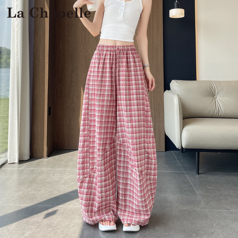 La Chapelle Pink Plaid Design Curved Hem Pants for Women, Summer High-Waisted Slimming Relaxed Wide-Leg Casual Pants