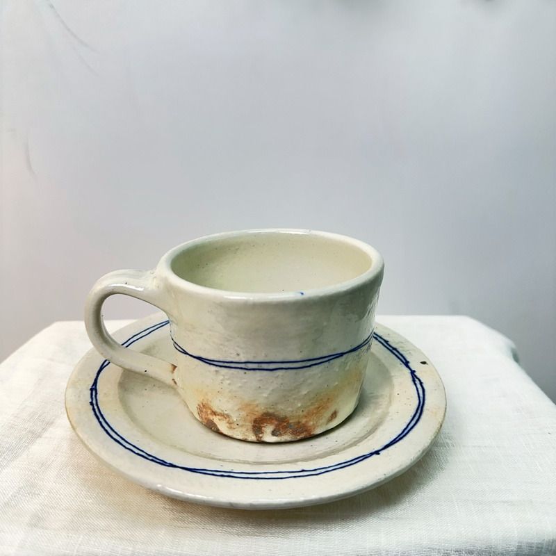 April New [National Brand] Kogu Pottery Workshop Kogu Hiroichi Blue Line Hand-Held Pig Mouth Mug Breakfast Cup Round Saucer