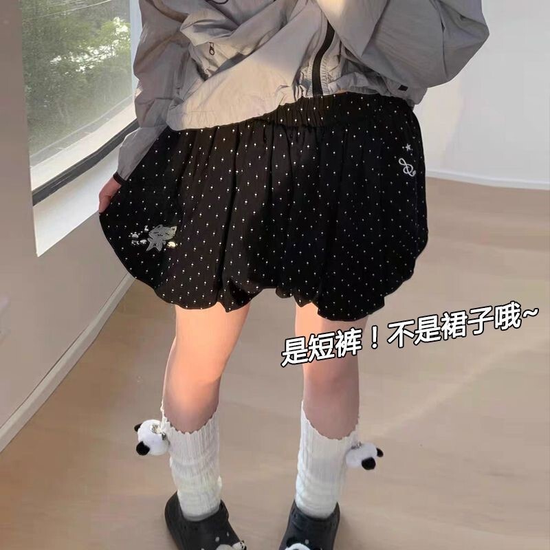 Japanese-Style Cute Cat Embroidered Bubble Casual Shorts for Women, Summer Outerwear, Student Loose Fit, Plus Size Wide-Leg Bloomers Skirt Japanese-Style Cute Cat Embroidered Bubble Casual Shorts for Women, Summer Outerwear, Student Loose Fit, Plus Size Wide-Leg Bloomers Skirt