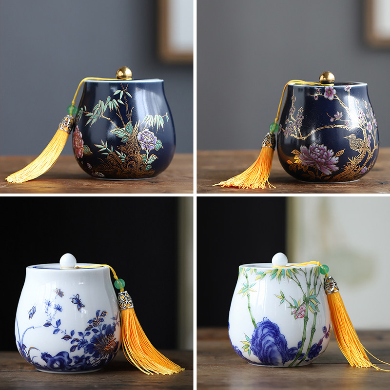 Enamel color Chinese ceramic tea leaf jar small number sealing jar for home convenient tea cabin moisture-proof storage tank single