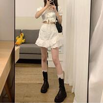 2021 Summer new Korean version Small crowd design Sensation Short Band Blouse Blouse Lotus Leaf side half body dress