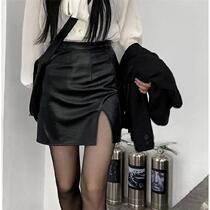 Open Slit Color Slim Black Skinny Dress Short Skirt Spring A Character Half Body Dress Sexy Bag Hip Skirt Womens Net Red New Fashion